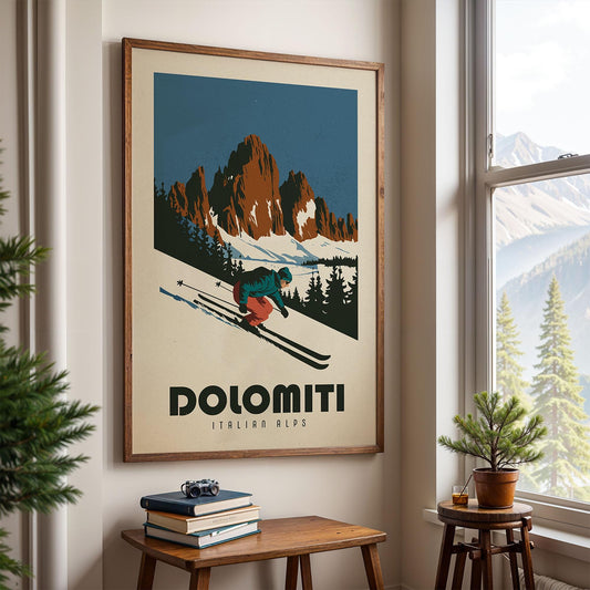 Dolomites Italy Ski Poster, Retro Ski Poster | Vintage Ski Poster | Alpine Decor for Skiers
