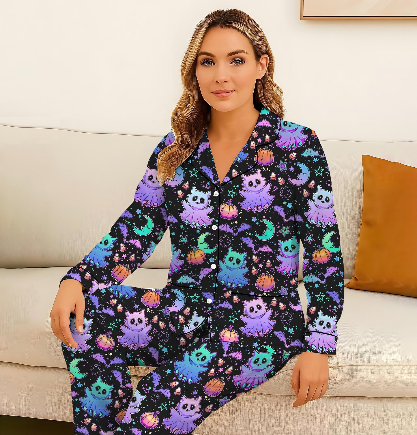 Halloween Neon Witch Cat Pumpkin Bat Pajamas Set, Neon Halloween Sleepwear, Halloween Night Homewear, Cozy Loungewear, Spooky Season Gift