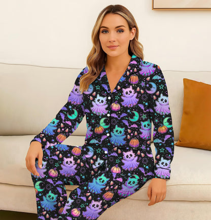 Halloween Neon Witch Cat Pumpkin Bat Pajamas Set, Neon Halloween Sleepwear, Halloween Night Homewear, Cozy Loungewear, Spooky Season Gift