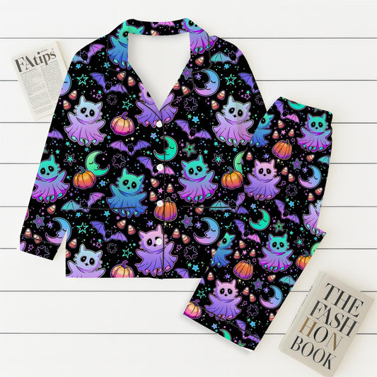 Halloween Neon Witch Cat Pumpkin Bat Pajamas Set, Neon Halloween Sleepwear, Halloween Night Homewear, Cozy Loungewear, Spooky Season Gift