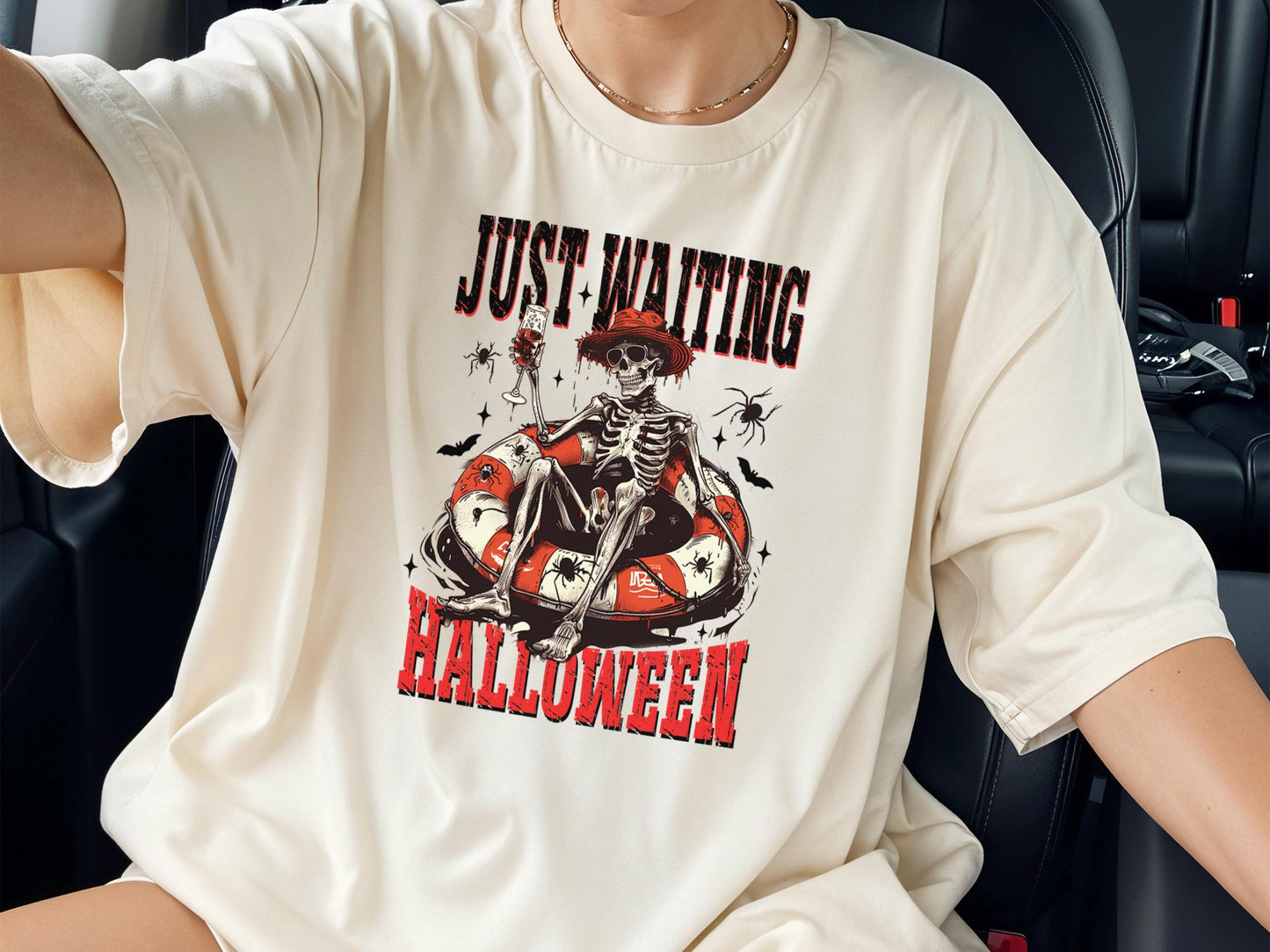 Comfort Colors® Just Waiting for Halloween Shirt, Funny Skeleton Pumpkin Shirt, Spooky Fall Graphic Shirt, Retro Halloween T-Shirt for Her