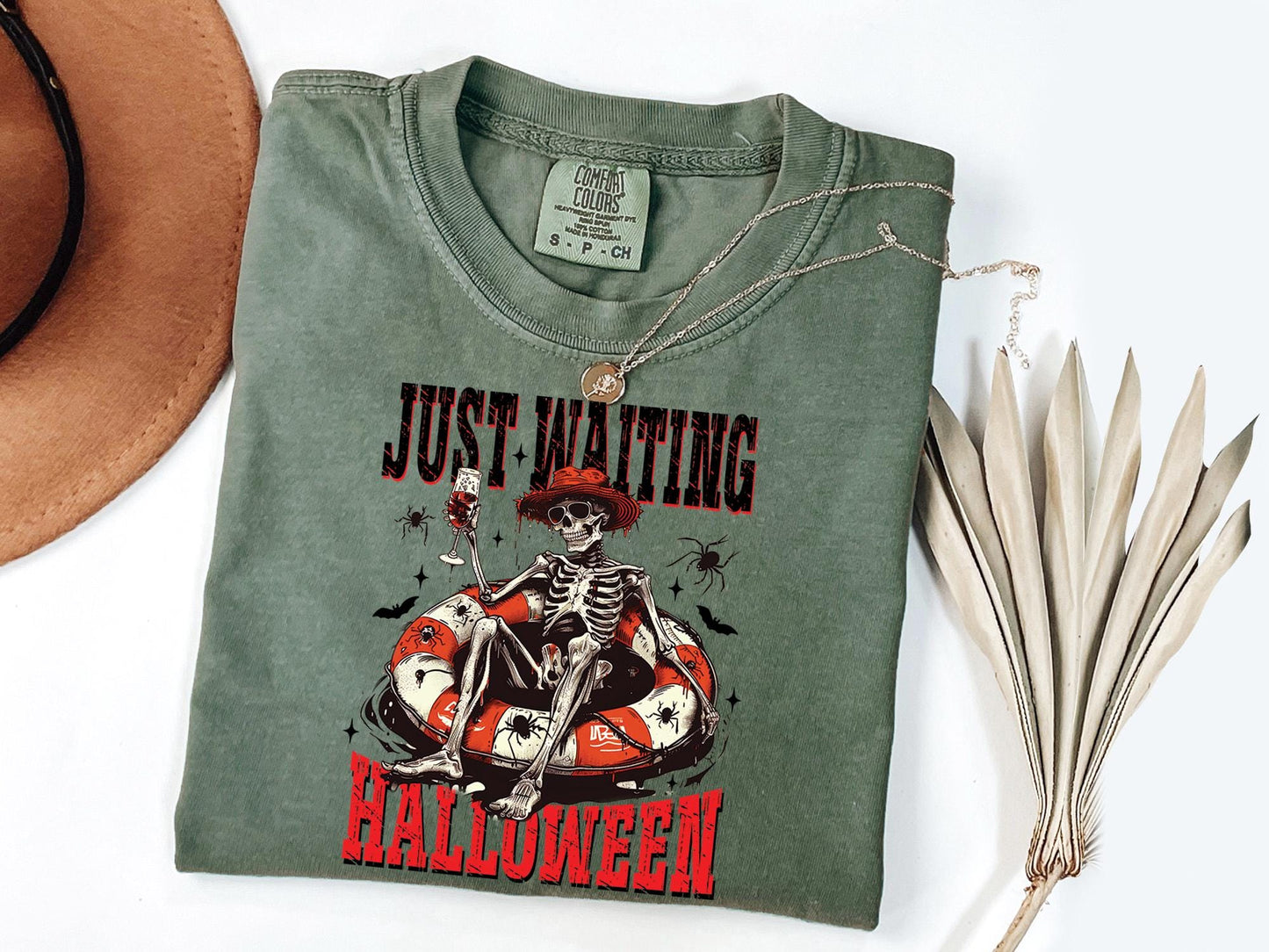 Comfort Colors® Just Waiting for Halloween Shirt, Funny Skeleton Pumpkin Shirt, Spooky Fall Graphic Shirt, Retro Halloween T-Shirt for Her
