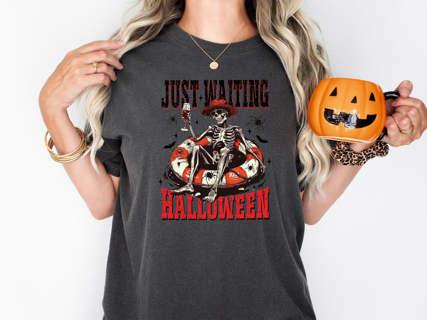 Comfort Colors® Just Waiting for Halloween Shirt, Funny Skeleton Pumpkin Shirt, Spooky Fall Graphic Shirt, Retro Halloween T-Shirt for Her