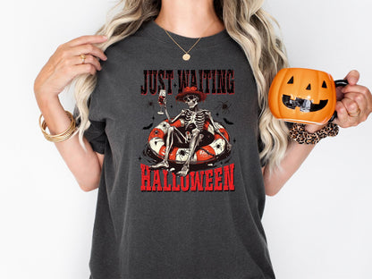 Comfort Colors® Just Waiting for Halloween Shirt, Funny Skeleton Pumpkin Shirt, Spooky Fall Graphic Shirt, Retro Halloween T-Shirt for Her