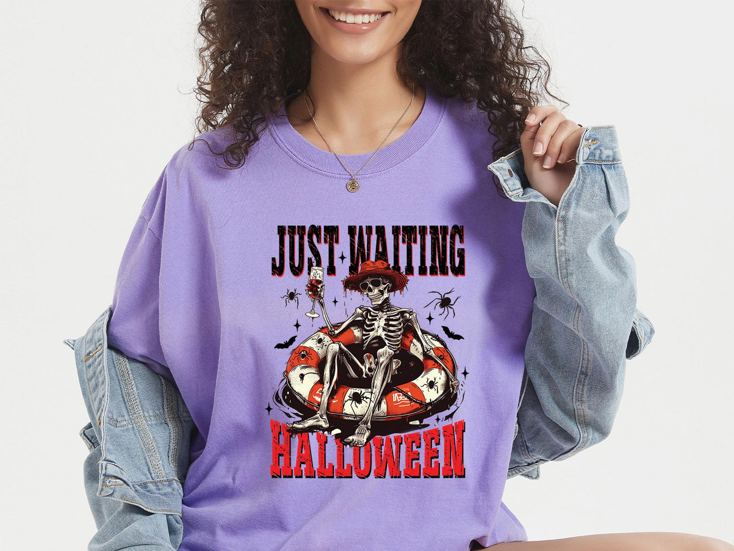 Comfort Colors® Just Waiting for Halloween Shirt, Funny Skeleton Pumpkin Shirt, Spooky Fall Graphic Shirt, Retro Halloween T-Shirt for Her