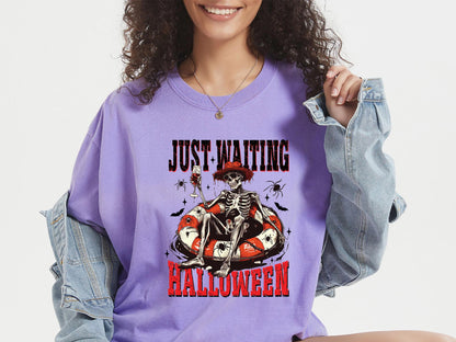 Comfort Colors® Just Waiting for Halloween Shirt, Funny Skeleton Pumpkin Shirt, Spooky Fall Graphic Shirt, Retro Halloween T-Shirt for Her