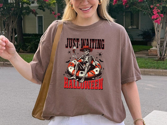 Comfort Colors® Just Waiting for Halloween Shirt, Funny Skeleton Pumpkin Shirt, Spooky Fall Graphic Shirt, Retro Halloween T-Shirt for Her