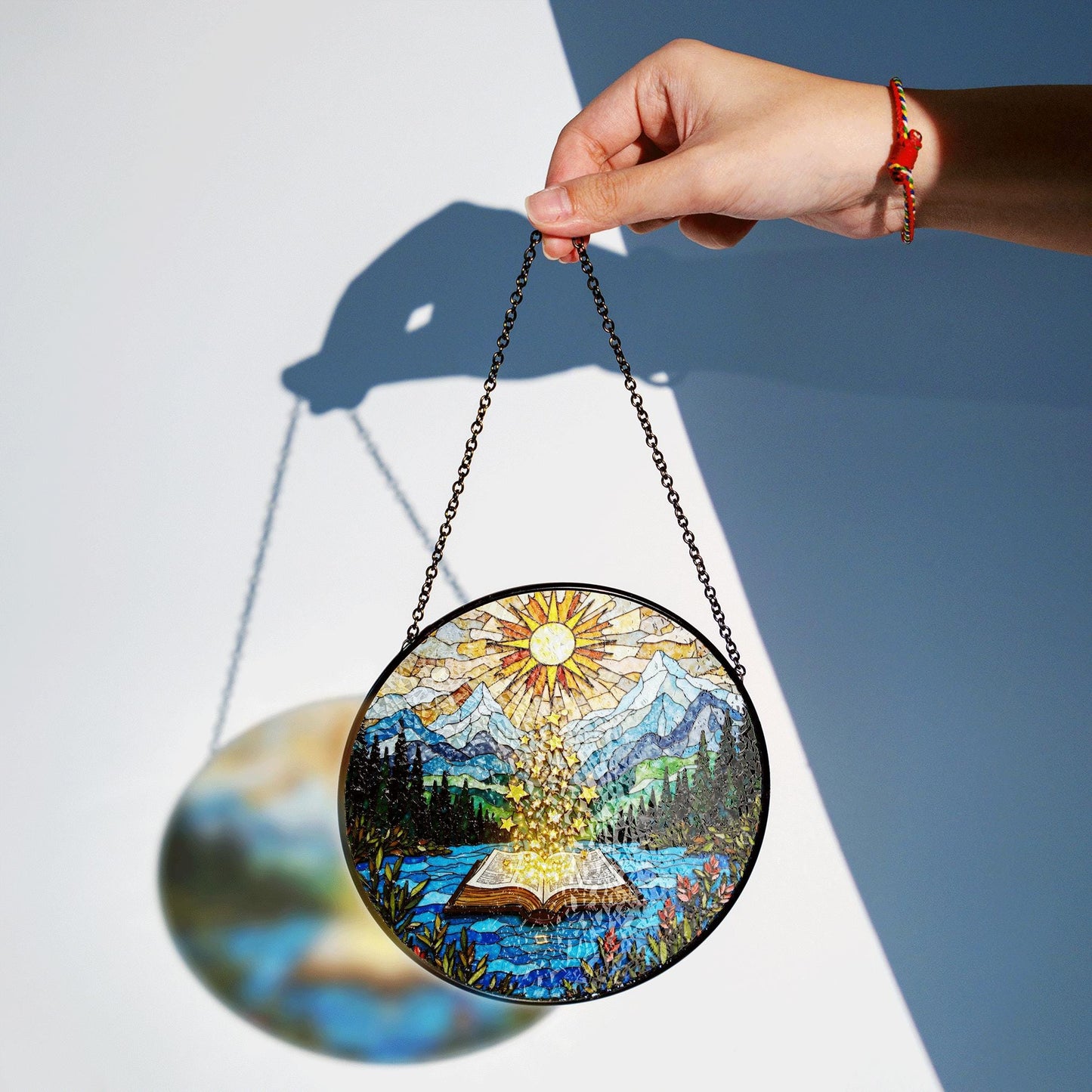 Open Book and Sun Rays Stained Glass Suncatcher Window Hanging Nature Gift for Teachers