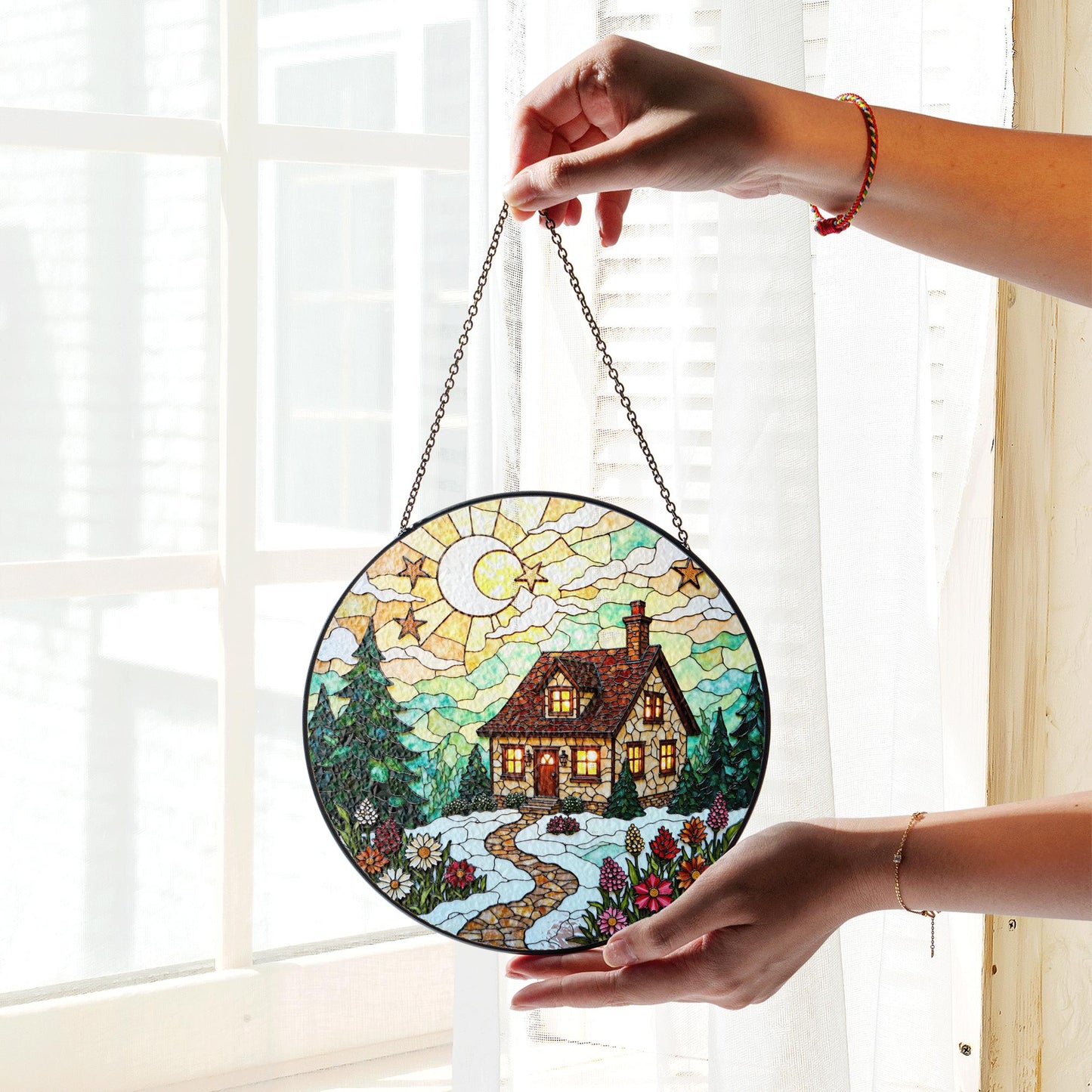 Cozy cabin winter night forest scene stained glass suncatcher window hanging Christmas gift