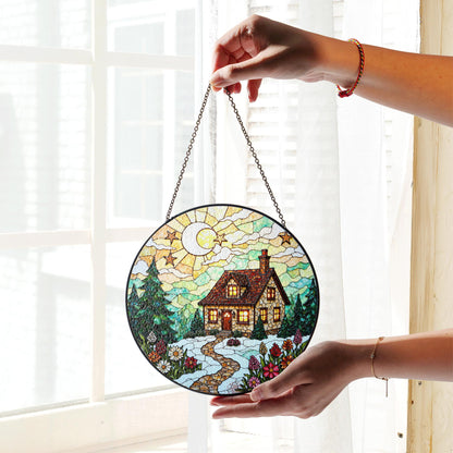 Cozy cabin winter night forest scene stained glass suncatcher window hanging Christmas gift