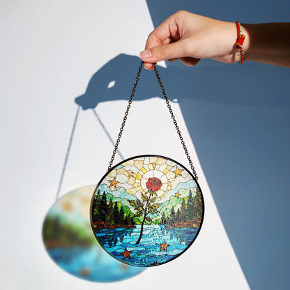 Red rose forest river stained glass round suncatcher window hanging nature decor gift for her birthday