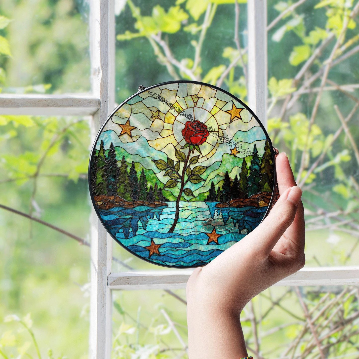 Red rose forest river stained glass round suncatcher window hanging nature decor gift for her birthday