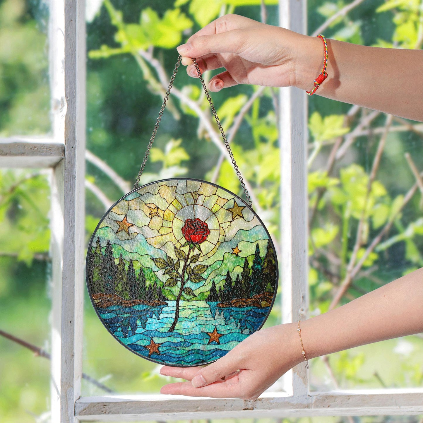 Red rose forest river stained glass round suncatcher window hanging nature decor gift for her birthday