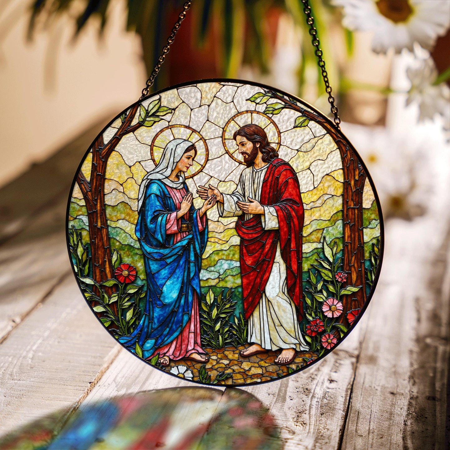 Jesus and Mary stained glass suncatcher religious window decor Easter Christian gift