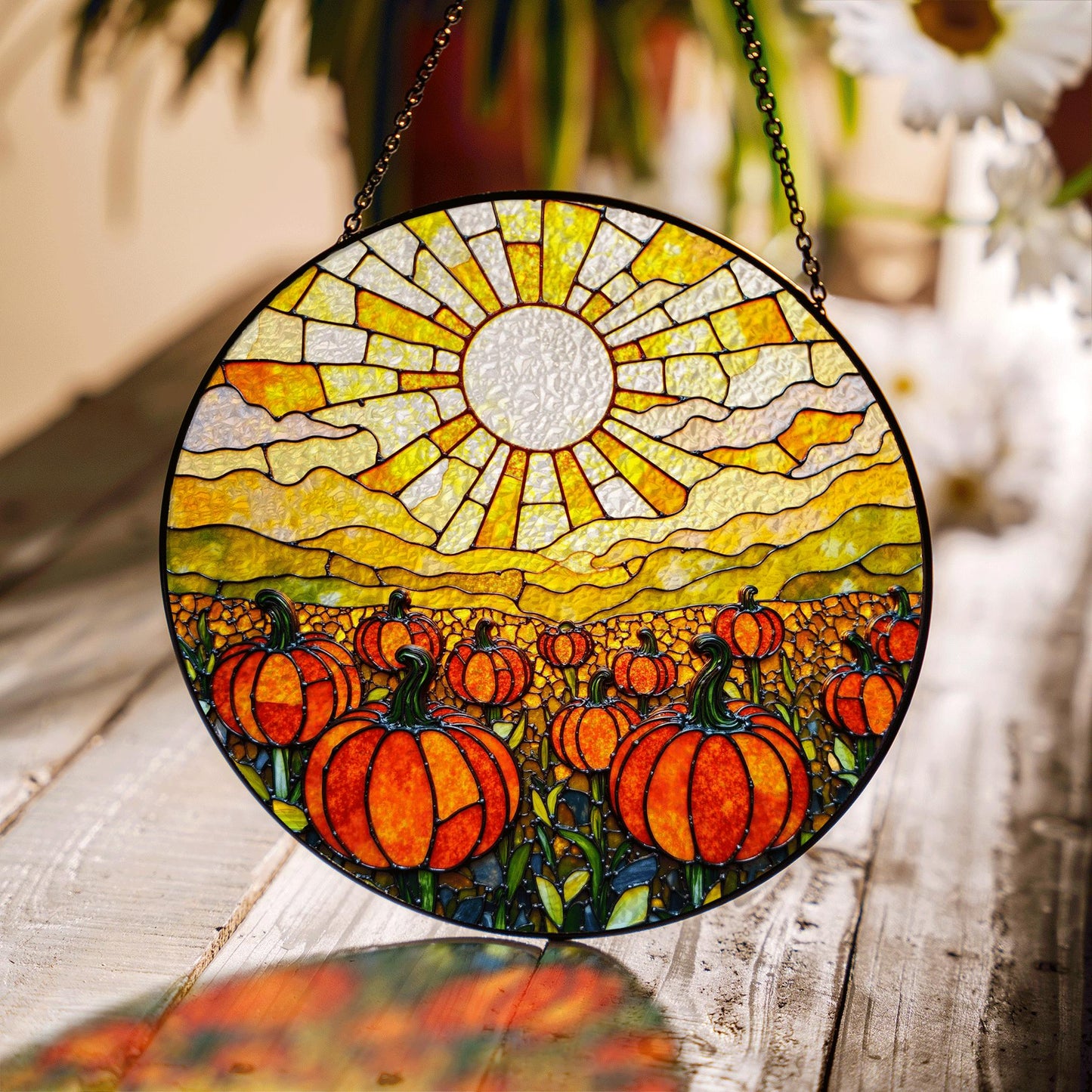 Glowing Pumpkin Field Suncatcher Autumn Window Decor Halloween Gift for Mom or Fall Lovers