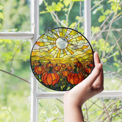 Glowing Pumpkin Field Suncatcher Autumn Window Decor Halloween Gift for Mom or Fall Lovers