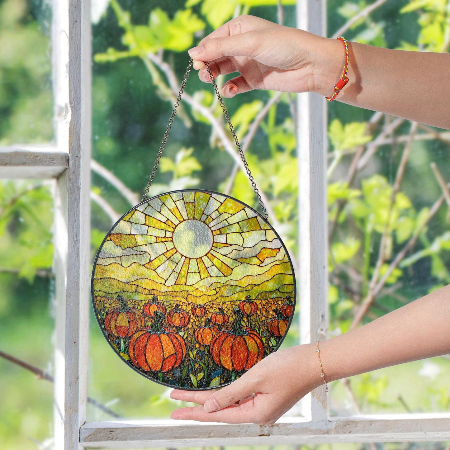 Glowing Pumpkin Field Suncatcher Autumn Window Decor Halloween Gift for Mom or Fall Lovers