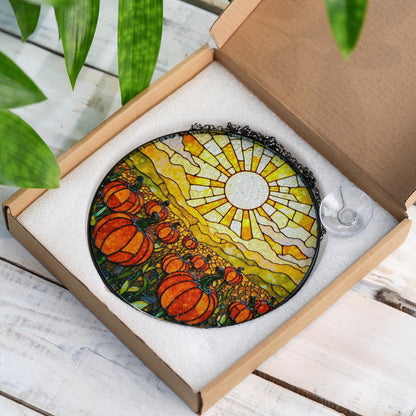 Glowing Pumpkin Field Suncatcher Autumn Window Decor Halloween Gift for Mom or Fall Lovers