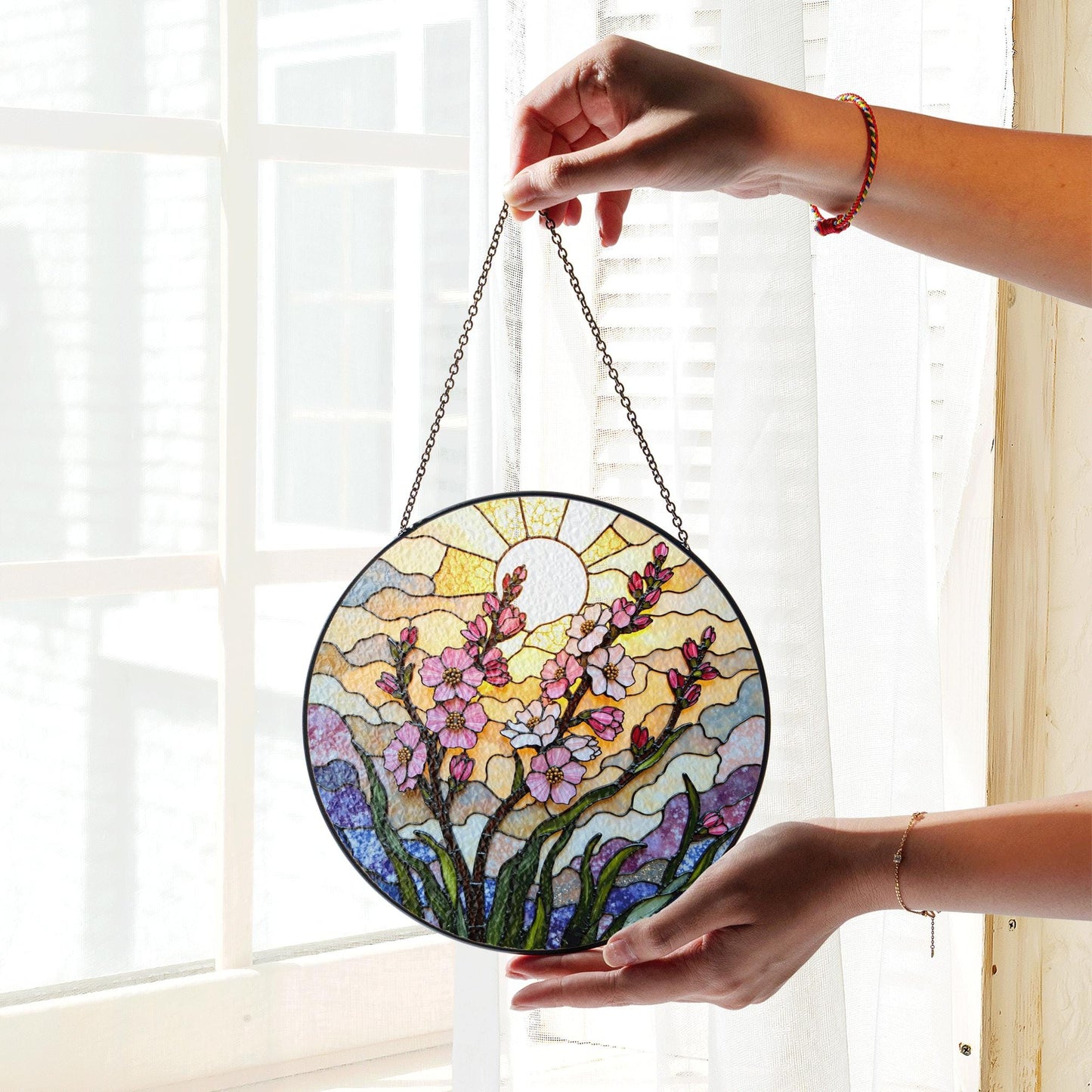 Pink flower stained glass round suncatcher window decor spring gift