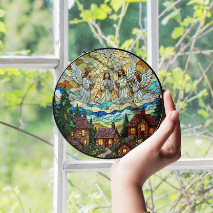 Stained Glass Angel Choir Over Cozy Village Christmas Window Suncatcher Gift for Mom Grandma or Religious Friend