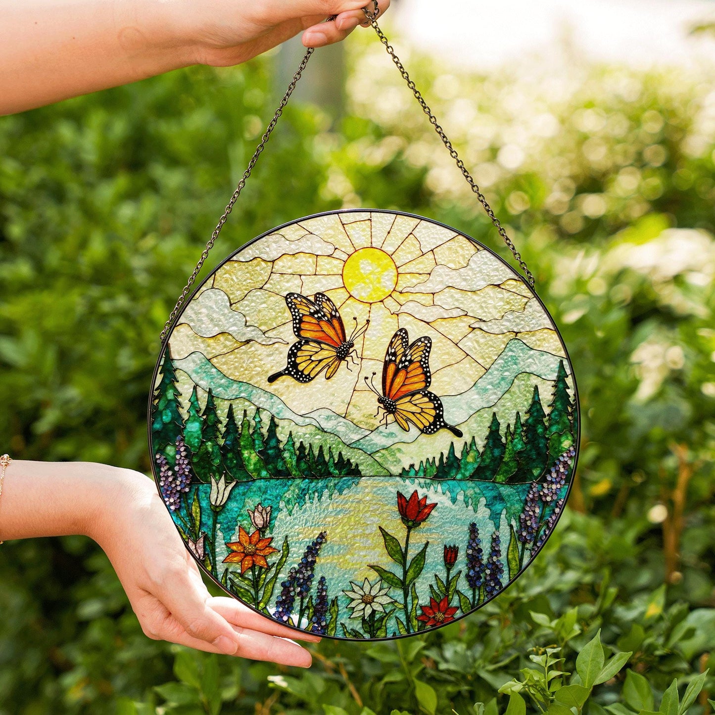Monarch butterflies over lake and wildflowers round suncatcher nature window hanging gift for mom