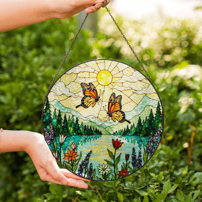 Monarch butterflies over lake and wildflowers round suncatcher nature window hanging gift for mom