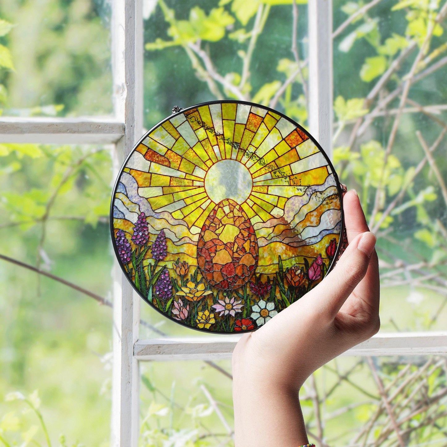 Sunrise egg floral stained glass suncatcher spring decor Easter window hanging gift for mom or nature lover