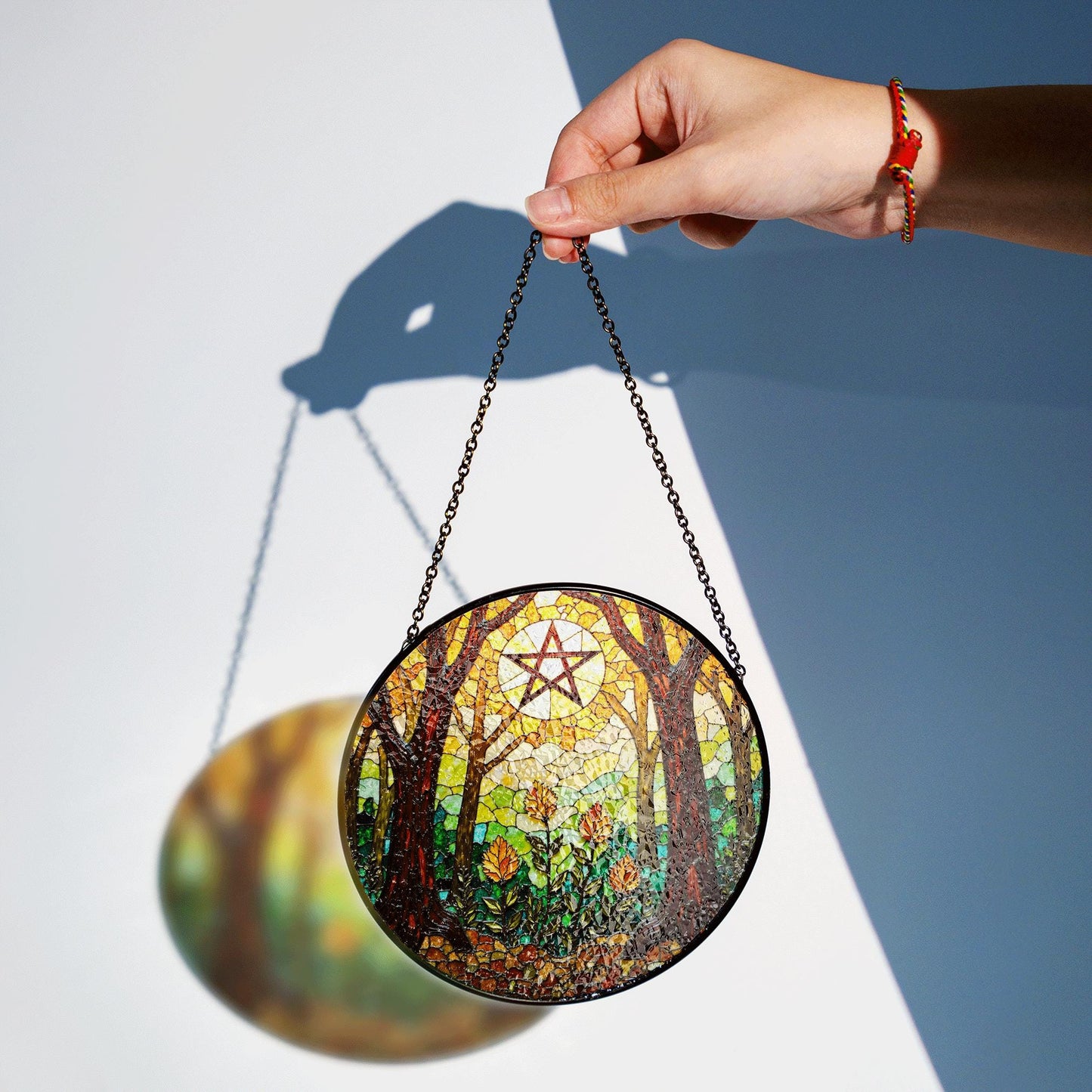 Forest trees stained glass suncatcher with pentacle art window decor gift for Halloween or pagan friend