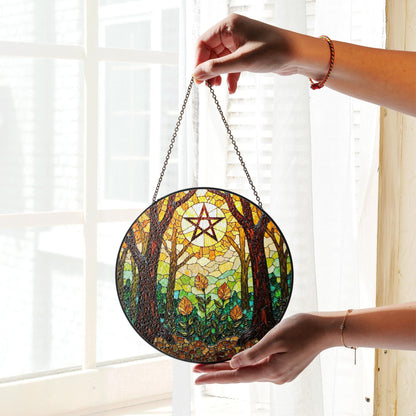 Forest trees stained glass suncatcher with pentacle art window decor gift for Halloween or pagan friend