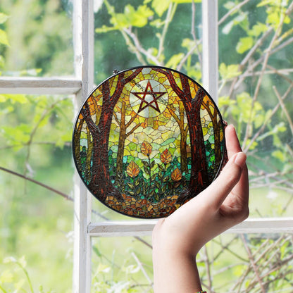 Forest trees stained glass suncatcher with pentacle art window decor gift for Halloween or pagan friend