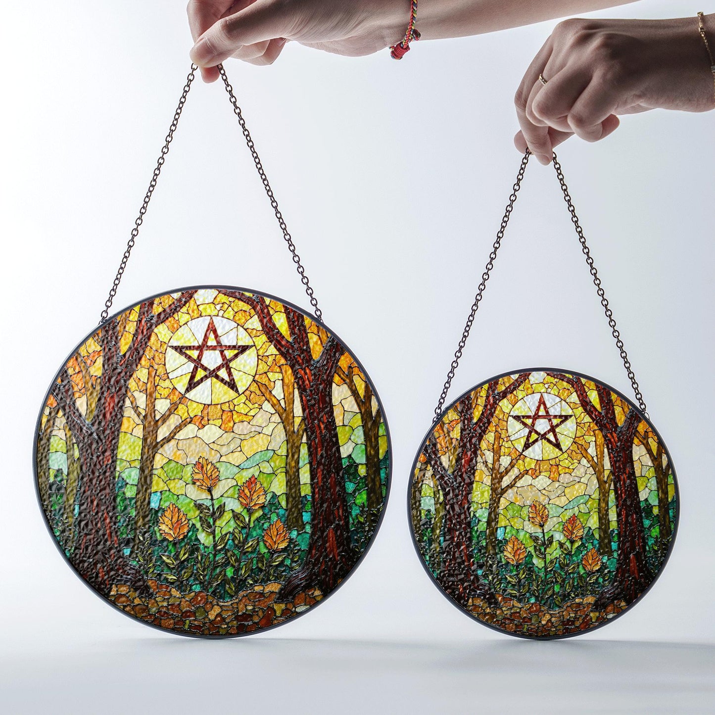 Forest trees stained glass suncatcher with pentacle art window decor gift for Halloween or pagan friend