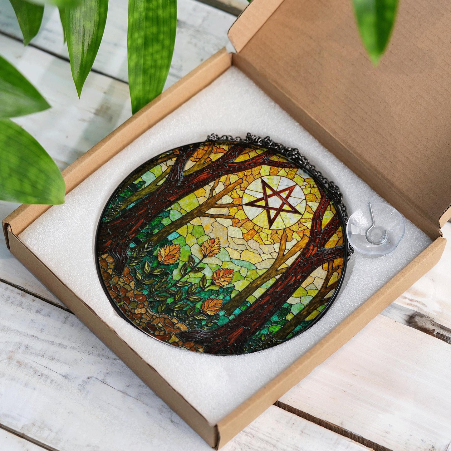 Forest trees stained glass suncatcher with pentacle art window decor gift for Halloween or pagan friend