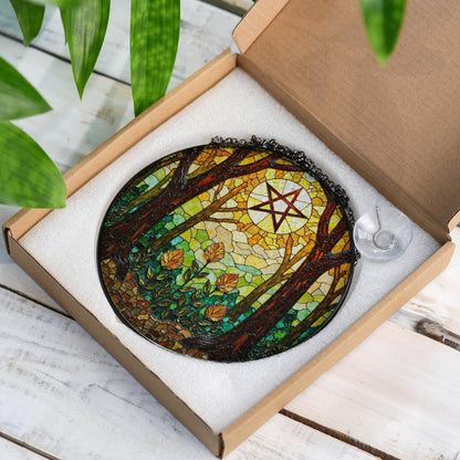 Forest trees stained glass suncatcher with pentacle art window decor gift for Halloween or pagan friend