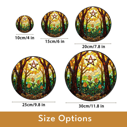 Forest trees stained glass suncatcher with pentacle art window decor gift for Halloween or pagan friend