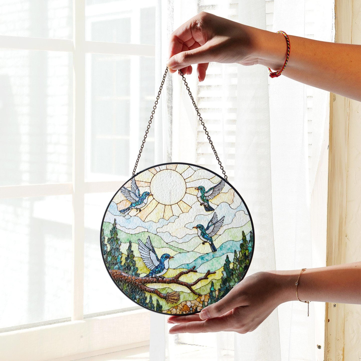 Colorful hummingbirds forest art glass suncatcher window hanging gift for mom birthday