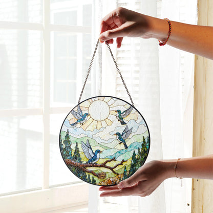 Colorful hummingbirds forest art glass suncatcher window hanging gift for mom birthday