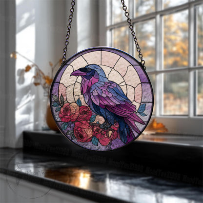Purple Raven and Roses Stained Glass Window Hanging, Gothic Crow Suncatcher, Fall Decor for Window, Halloween Gift, Bird Art Panel