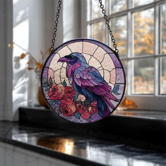 Purple Raven and Roses Stained Glass Window Hanging, Gothic Crow Suncatcher, Fall Decor for Window, Halloween Gift, Bird Art Panel