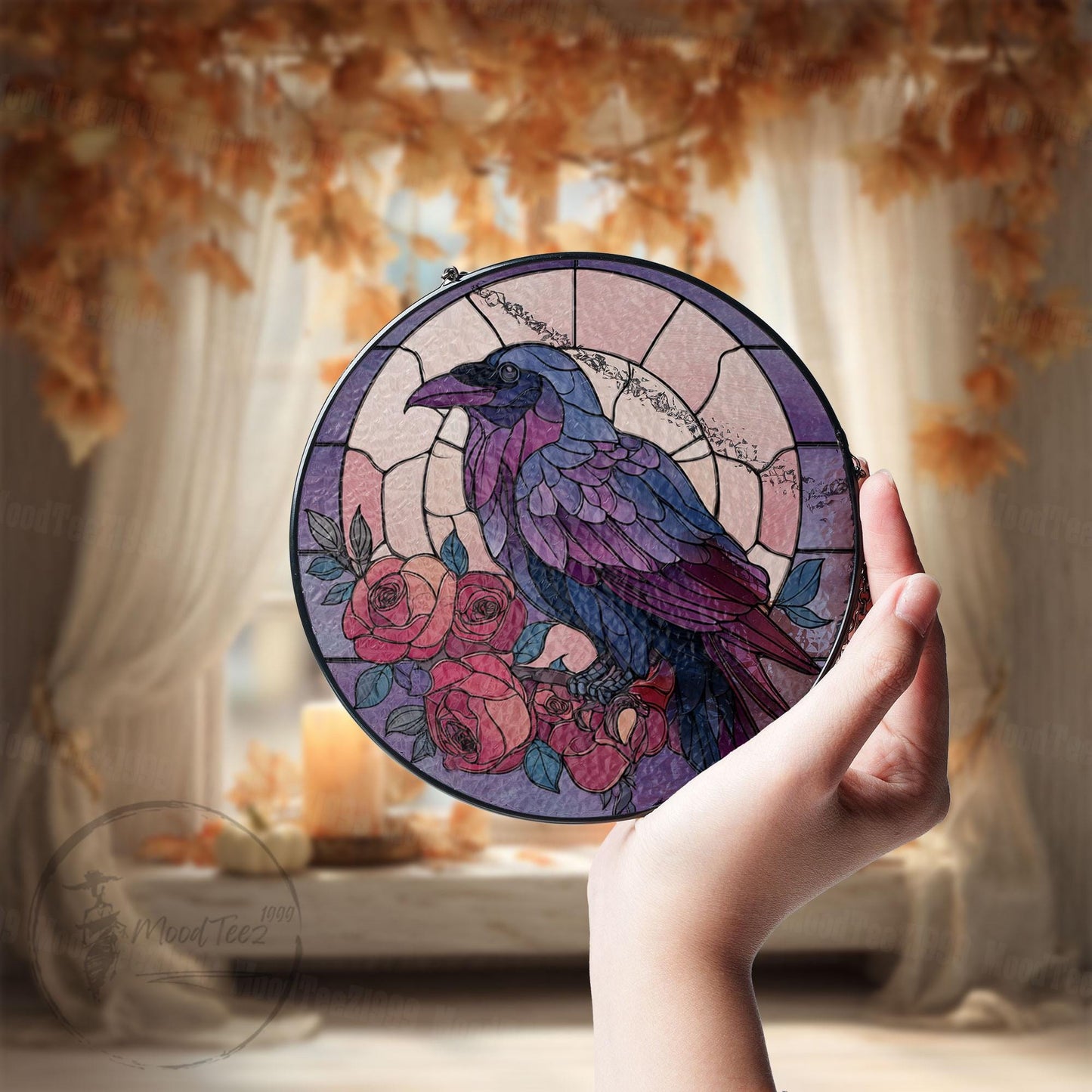 Purple Raven and Roses Stained Glass Window Hanging, Gothic Crow Suncatcher, Fall Decor for Window, Halloween Gift, Bird Art Panel