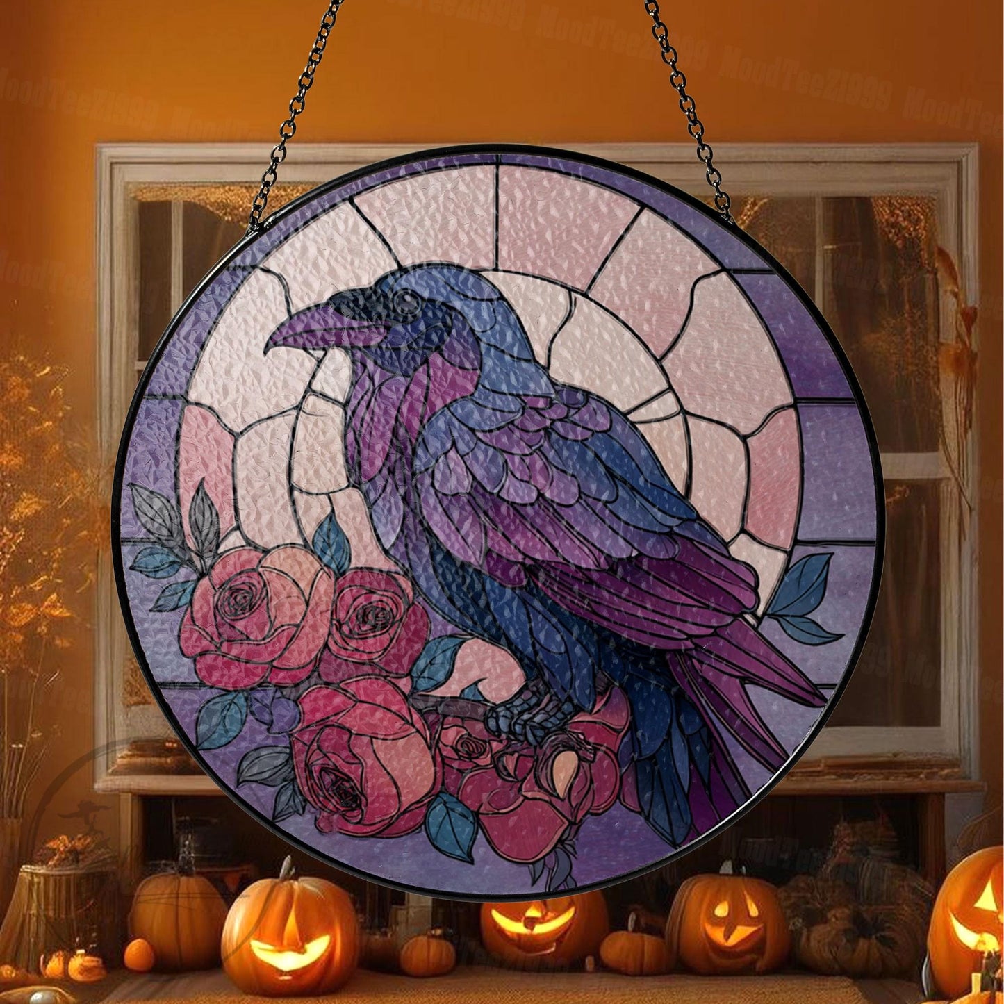 Purple Raven and Roses Stained Glass Window Hanging, Gothic Crow Suncatcher, Fall Decor for Window, Halloween Gift, Bird Art Panel