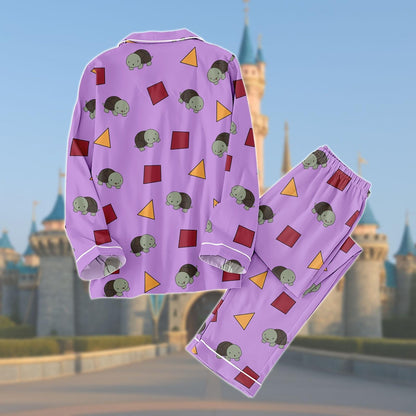 Cute Turtle Long Pajamas Set, Purple Geometric Cartoon Nightwear, Zoey’s Turtle Print Sleepwear,  Cozy Animal Pajamas For Women Gift