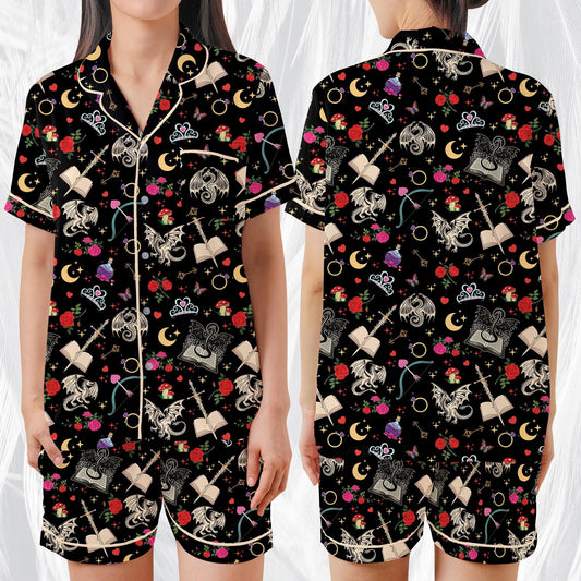 Romantasy Dragon Pajamas Set, Cute Bookish Sleepwear, Retro Fantasy Reader Home Wear Pajama Set, Girl Enemies To Lovers Reading Gift