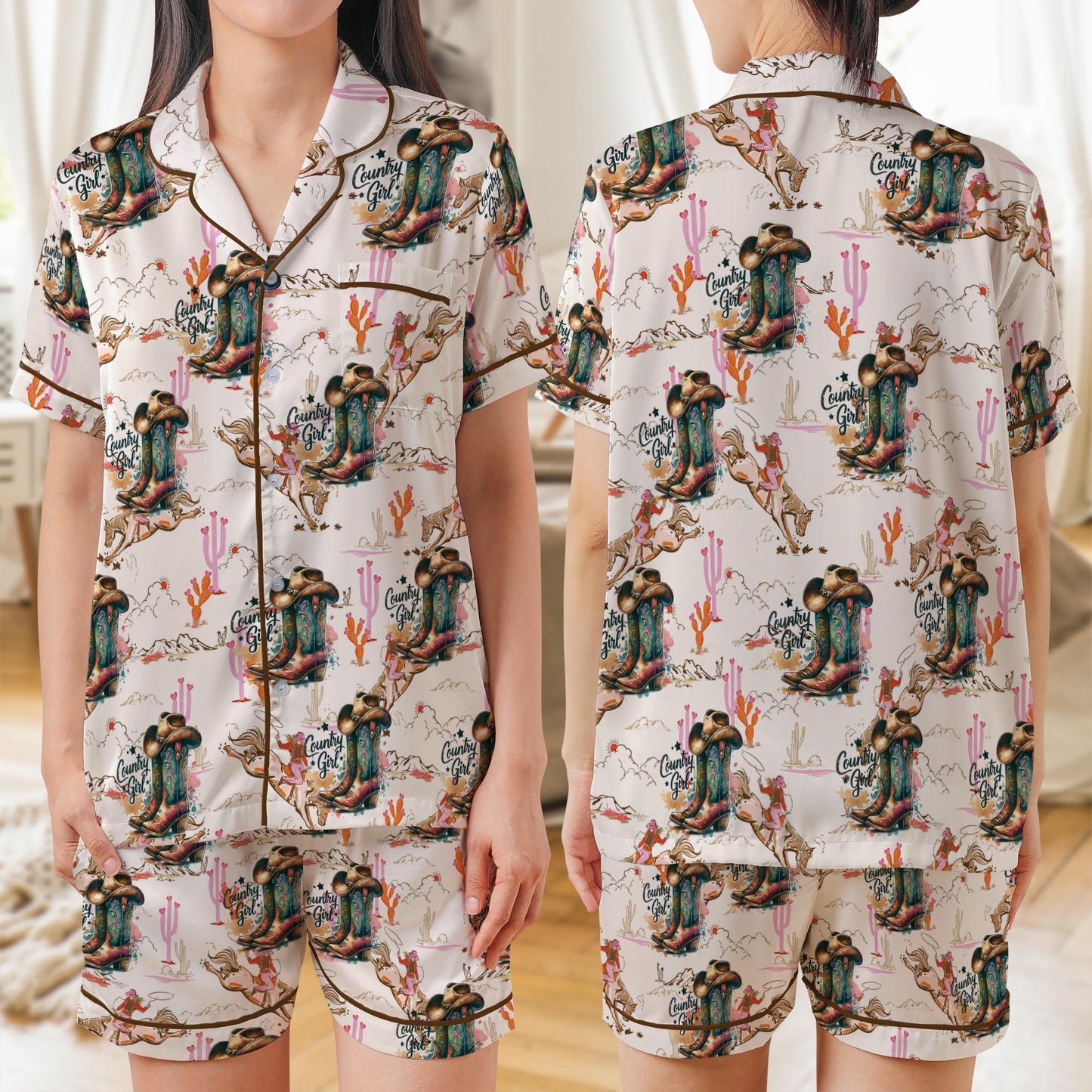 Country Girl AOP Satin Pajamas , Comfortable Short Sleeve Pajama Set , Gift for Her