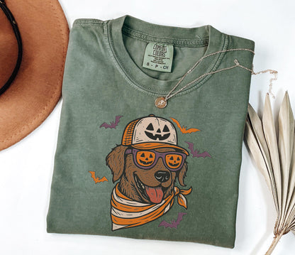 Comfort Colors® Chocolate Lab with Pumpkin Trucker Hat and Sunglasses Shirt, Halloween Cool Dog, Fall Pet Halloween Shirt for Dog Lovers