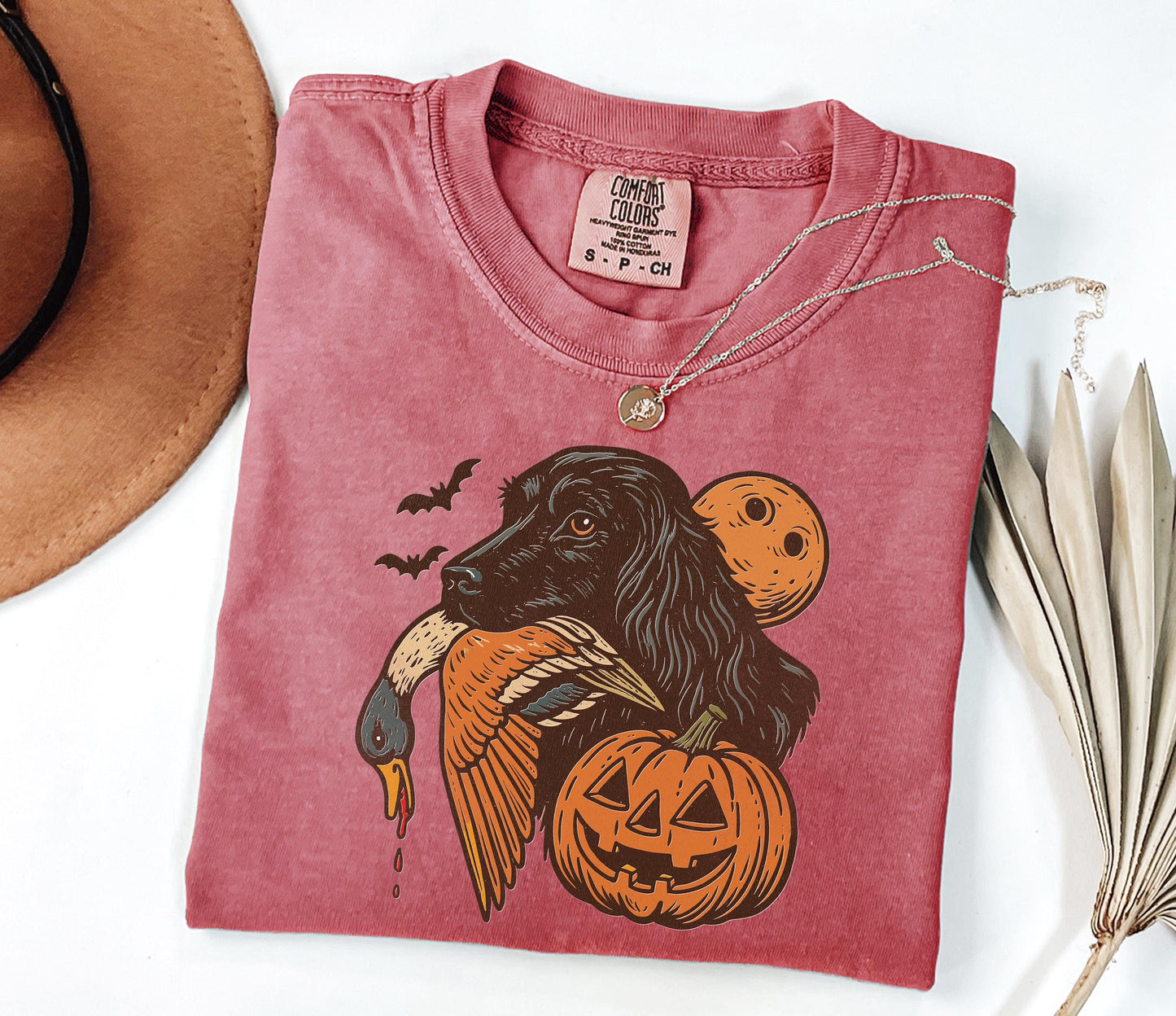 Comfort Colors® Halloween Hunting Dog Shirt, Funny Fall Thanksgiving with Pumpkins Bats Shirt, Spooky Duck Hunt Fall Jack O’ Lantern Shirt