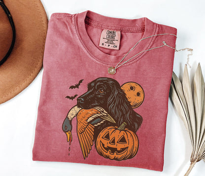 Comfort Colors® Halloween Hunting Dog Shirt, Funny Fall Thanksgiving with Pumpkins Bats Shirt, Spooky Duck Hunt Fall Jack O’ Lantern Shirt