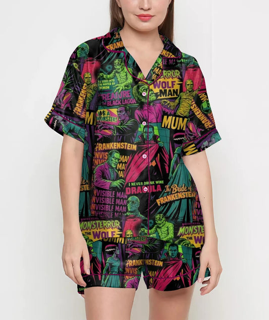 Vintage Halloween Shirt, Pajamas Satin Set, Monster Horror, Gift For Halloween, Neon Halloween Coquette, Spooky Season, Fall Aesthetic