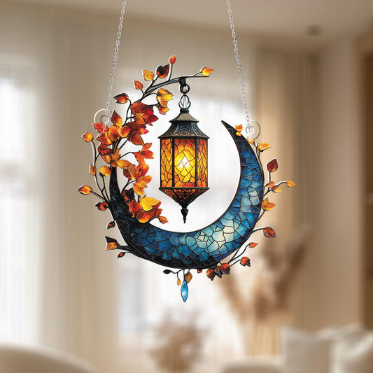 Autumn Moon Lantern Window Hanging, Elegant Crescent Moon Decor, Warm Lantern Ornament, Fall Home Decoration, Unique Gift for Autumn Lovers
