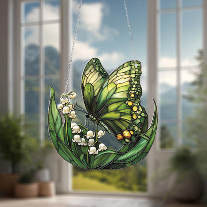 Green Butterfly and Lily Window Hanging, Elegant Floral Ornament, Nature Inspired Home Decor, Gift for Butterfly and Flower Lovers
