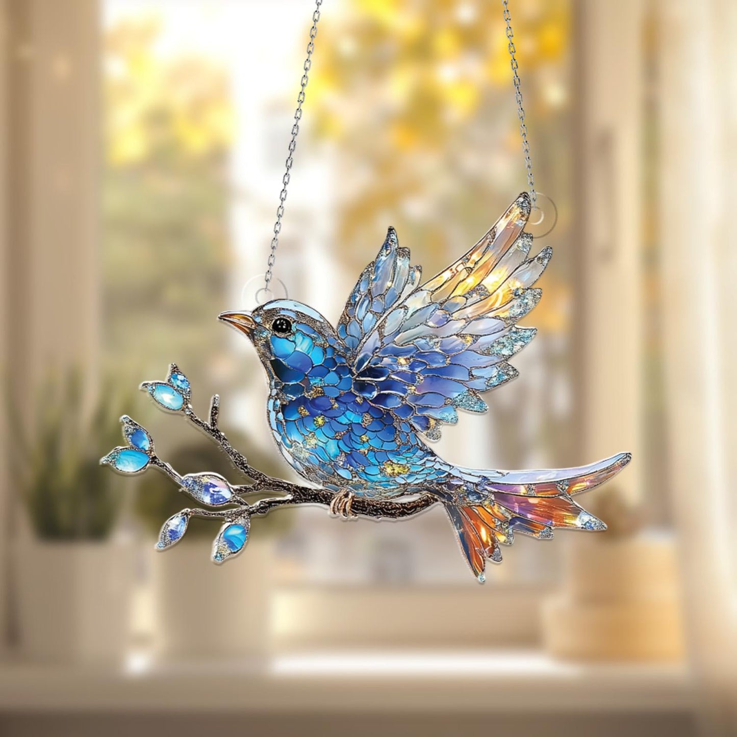Blue Bird Acrylic Suncatcher, Faux Acrylic Bird Window Hanging Decor, Iridescent Bird Ornament, Sun Catcher Gift for Nature and Bird Lovers.